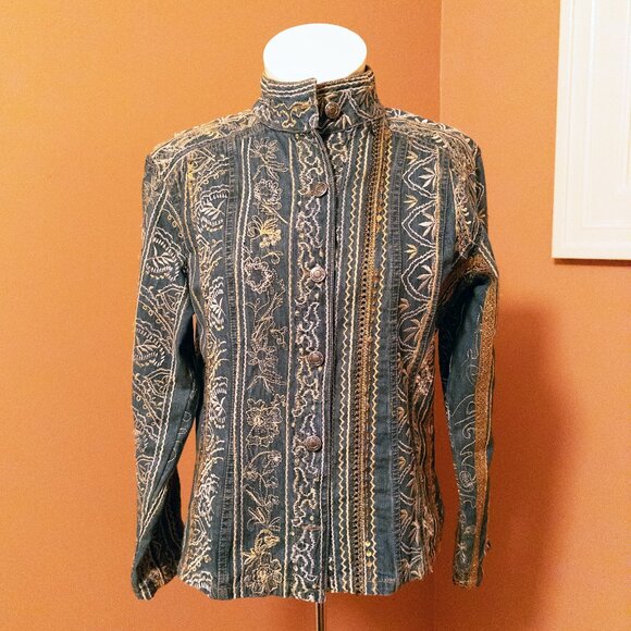 Chico's Jackets & Blazers - Chico’s Cropped Floral Embroidered & Sequin Denim Jacket Medium Wash